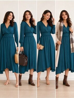 Forever New Teal Satin Midi Dress Size 12 Smocked Waist Long Sleeve Button Front